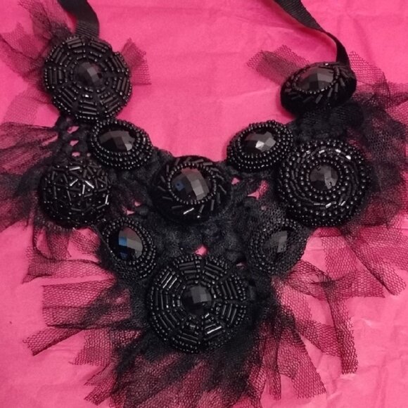 Elegant Black Beaded Choker Necklace w/ Tulle - Picture 2 of 2